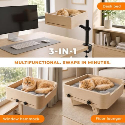 3-in-1 Cat Desk Bed, Cat Window Hammock & Elevated Floor Bed – Wooden Window Perch & Seat, American Oak Finish, 2 Plush Mats, Holds 28 lbs