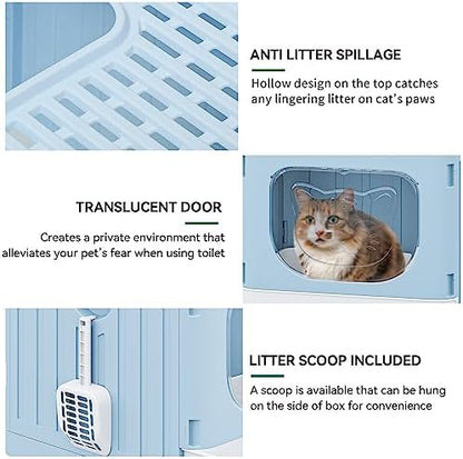 YITAHOME Large Enclosed Cat Litter Box w/Mat Scoop Blue Litter Box with Lid