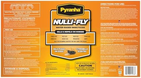 Pyranha Nulli-Fly Horse Fly Spray – Water-Based Formula for Sensitive Skin, Kills and Repels Flies, Gnats, Lice, Ticks, Ready to Use, Citronella Scent