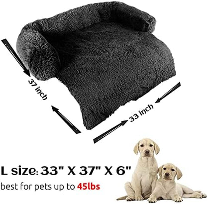 HACHIKITTY Calming Pet Sofa Bed Mat, Washable Fluffy Couch Cover for Dogs and Cats, Anti-Slip Bottom (37"x 33"x 6", Black)