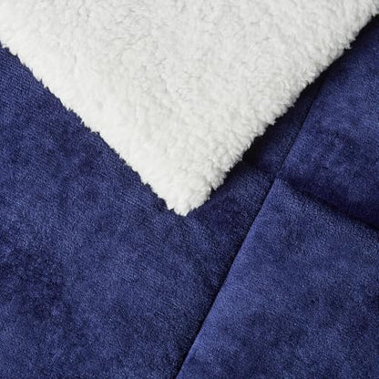 Amazon Basics Reversible Sherpa Comforter Set with Pillow Sham, Navy/White, Queen/Full, Warm Soft Micromink