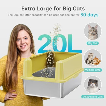 Stainless Steel Cat Litter Box, XL High Sided Open Top Litter Pan, 1 Scoop
