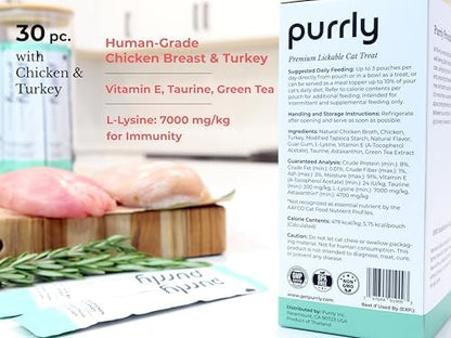 Purrly Low Calorie Premium Lickable Cat Treat Topper Healthy Chicken Variety Bundle (90 Count) Human-Grade Protein with Functional Nutrients Wet Squeeze Creamy Purée Grain-Free Non-GMO Low-Phosphorus