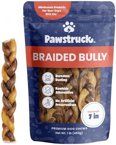 Pawstruck 100% Natural 7" Braided Bully Sticks 1 lb Bag - Long Lasting Rawhide Free Single Ingredient Dog Chews for Aggressive Chewers with Dental Health Support and High Protein