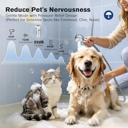 Quiet Dog Shower Attachment with One-Button Pause, 2-Mode Mini Pet Shower Head for Nervous Dog Bath& Dog Head, 98'' Long Hose, Palm-Size Design, Gentle Water Flow Perfect for Cat, Fits Shower Arm Only