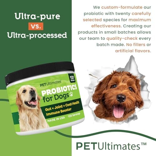 Pet Ultimates Probiotics for Dogs – 22-Species Dog Probiotics for Digestive Support & Antibiotics Recovery – Skin and Coat Supplement, Enhances Vitality – Dog Health Supplies (3 Pack)