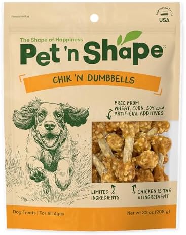 Pet 'n Shape Chik 'n Dumbbells: All-Natural, High-Protein Dog Treats; Limited Ingredient Chicken & Rice Chew for All Breeds, 32 Ounces (2 lbs)