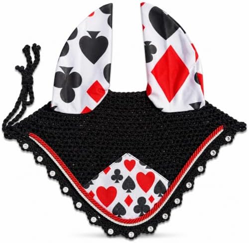 Horse Ear Bonnet for Horses, Floral Print Fly Bonnet with Crystal Edge, Handmade Crochet Fly Veil, Breathable Stretch Ears (Playing Card Print, COB)