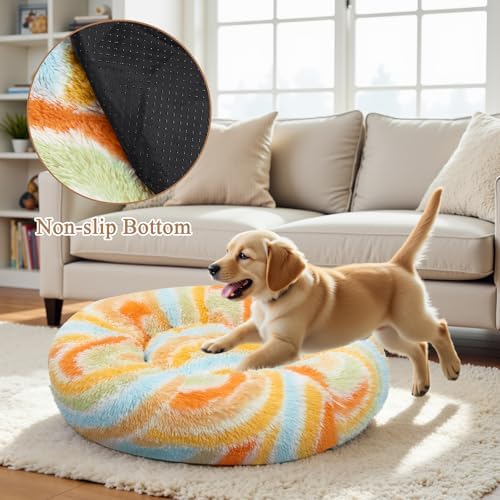 Calming Donut Dog Bed for Small Dogs, Fluffy Round Sofa Burrow Bed, Orthopedic Waterproof Anti-Anxiety Pet Beds with Supportive Edge, Washable Soft Plush Cat Beds with Non-Slip Bottom