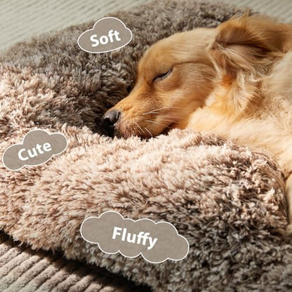 BFPETHOME Dog Beds for Large Dogs, Plush Dog Crate Bed Fluffy Cozy Kennel Pad for Sleeping &Ease Anxiety, Washable Pet Mats with Anti-Slip Bottom for Large Dogs, Khaki