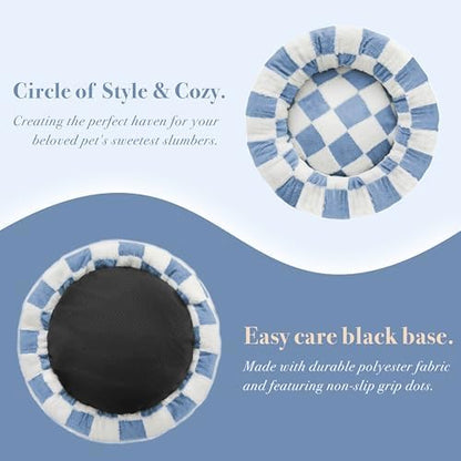 Ohocut Checkered Cat Dog Bed, Cute Blue Retro Style Aesthetic Round Warming Pet Calming Beds for Small Dog and Cats, Plush Cozy Donut Beds Washable, 23" L x 23" W x 8" Th