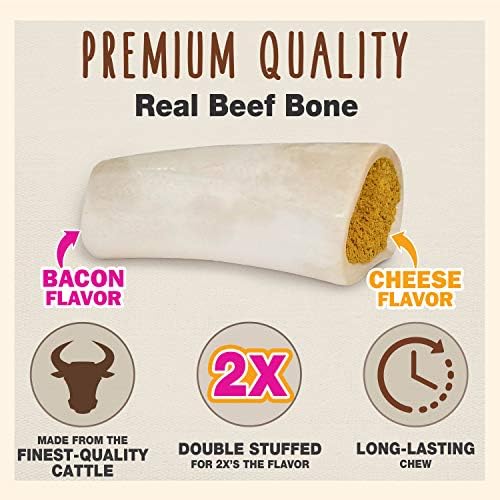 Cadet Stuffed Shin Bone, Long-Lasting Dog Chew Bones for Aggressive Chewers, High-Protein Filled Bone Dental Chew for-Dogs, Bacon & Cheese Flavor Filling, 5-6" for Large Dogs (Pack of 2)