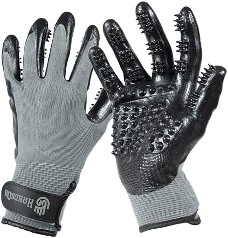 H HANDSON Pet Grooming Gloves - Patented #1 Ranked, Award Winning Shedding, Bathing, & Hair Remover Gloves - Gentle Brush for Cats, Dogs, and Horses (Grey, Medium)