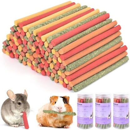 ERKOON 120Pcs Rabbit Timothy Hay Sticks, Five Flavors：PurplePotato/TimothyHay/Pumpkin/Strawberry/Carrot，Suitable Guinea Pig, Hamste, Gerbil, Chinchilla Treats, Chew Toys for Teeth for Bunnies