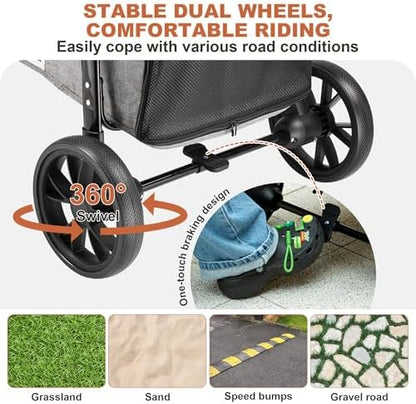 Medium Dog Stroller, Dual Entry One-Touch Folding,Small and Medium Pet Stroller,360° Rotating Front Wheels,80 lbs Weight Capacity for Outdoor Travel and Elderly Dogs - Gray