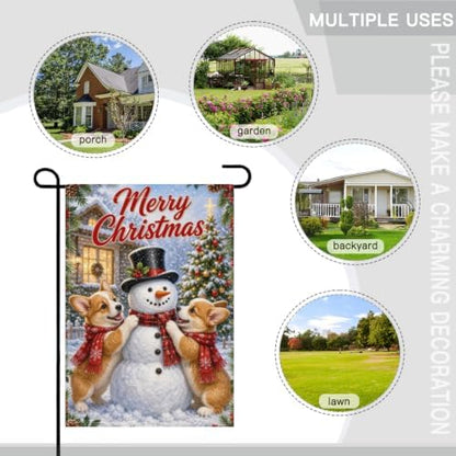 Christmas Corgi House Flag 28x40 Inch Merry Holiday Dogs Snowman Scarves Tree Holly Snowy Cute Rustic Farmhouse Outdoor Yard Lawn Porch Double Sided Banner Winter Welcome Decor