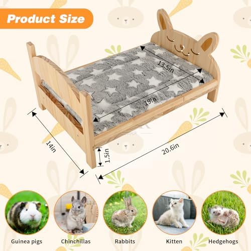 Large Wooden Rabbit Bed, 2-in-1 Bunny Bed with Gray Star Mat