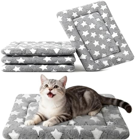 Dog Crate Mat, 4 Piece Reversible Pet Bed, Polyester, Machine Washable, Small Dogs & Cats, Rectangular (Gray Star, 18" L x 14" W x 1.5Th)