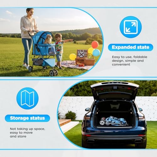 BestOffice Pet Stroller for Small Medium Dogs & Cats, 3-Wheel Foldable Dog Stroller with Cup Holder, Lightweight Travel Carrier, Waterproof Design for Outdoor Walks, Blue