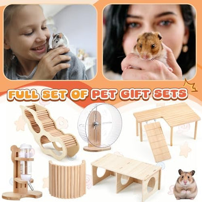 6 Pcs Hamster Toys Set, Maze Wood House, Climbing Ladder Wooden Bridge Tunnel Toy Platform Silent Exercise Running Wheels and Water Bottle Set for Rat Guinea Pig Habitat Cage(Premium)
