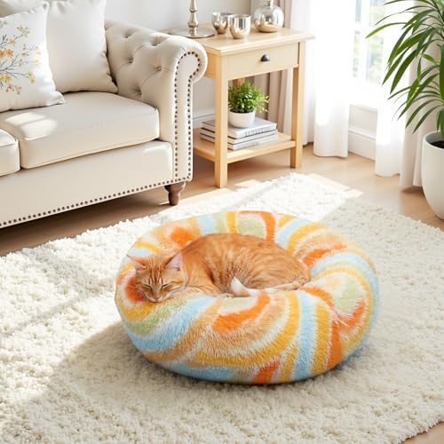 Calming Soft Round Dog & Cat Bed, Donut Cuddler Warming Cozy Fluffy Plush Cushion Beds for Small Medium Sized Dog and Cat