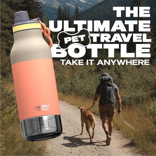 asobu Barky Bottle a Stainless Steel Insulated Water Bottle for with Removable Dog Water Bowl and Dog Food and Treat Storage Bowl (Pastel Peach, 34 Oz)