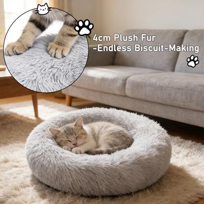 Calming Donut Dog Beds for Small Dogs Kitten - Washable Removable Cover Non-Slip Bottom, Round Pet Bed Puppy Bed Warming Fluffy Faux Fur Anti-Anxiety, Fits up to 15 lbs (Light Grey, 20")