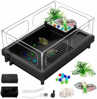 GOZILLA Small Turtle Tank Kit, Acrylic Turtle Starter Kit, Reptile Habitat and Terrarium with Multi-Functional Areas for Small Reptiles.(Black Tank)