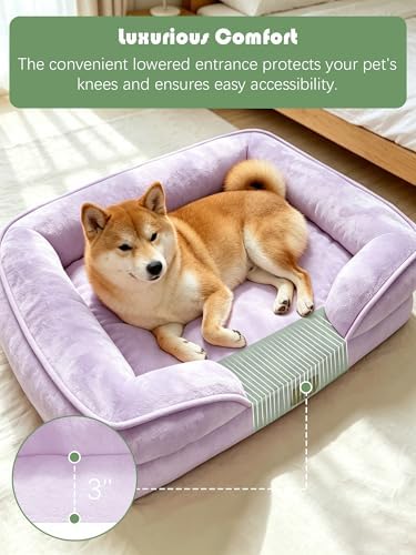 Spotted Play Orthopedic Dog Bed with Sides - Sofa Beds for Medium Dogs, Supportive Foam Pet Couch Bed with Washable Removable Cover, Waterproof Lining and Non-Slip Bottom, Purple - M