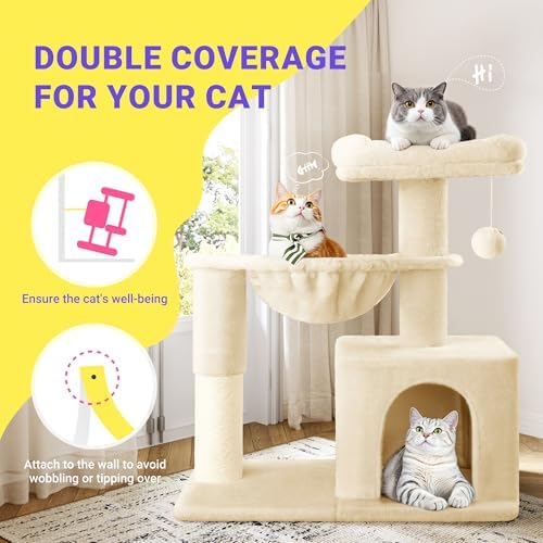 Allewie 29.5in Indoor Cat Tree, Multi-Level Cat Tower with Sisal Scratching Posts, Padded Perch, Basket, Condo, and Hanging Ball, Suitable for Kittens and Adult Felines,Beige