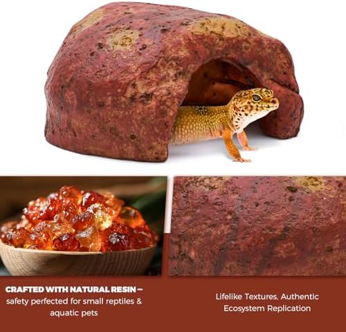 3-in-1 Desert Theme Reptile Rock Cave Hide for Leopard Gecko & Snake - Naturalistic Tank Habitat Decor Set with Cactus Model, Interactive Warning Sign & Moist Hideout (Small Size)