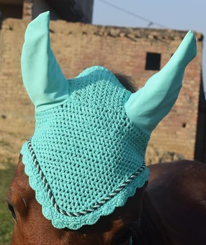 Elegant Horse Ear Bonnet, Fly Veil & Fly Mask – Superior Fly Protection with Style and Comfort for Every Ride (Mint Green, Horse/Full)