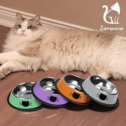 Serentive 4 Pcs Non-Slip Stainless Steel Small Cat Food Bowls - Unbreakable, Thicken 7 Oz Cat Dishes - Indoor, Removable Rubber Base, Easily Clean, Lovely Color
