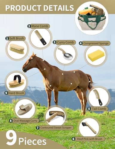 Professional 10 Pieces Horse Grooming Kit with Tote Bag, Horse Brush & Curry Comb Set for Effective Grooming and Bathing, Equine Coat Care Tack Room Supplies, Horse Gifts for Girls