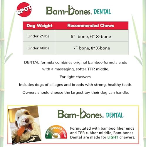 SPOT Bam-Bones Dental Bone - Made with Bamboo Fiber and a Massaging Rubber Center, Durable Oral Care Dog Chew for Light Chewers & Teething Puppies Under 40lbs, 7in, Allergen Free Peanut Butter Flavor