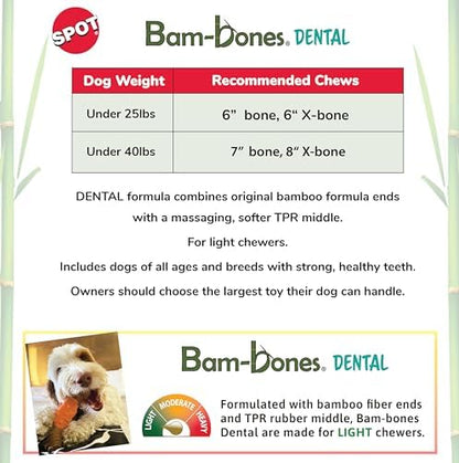 SPOT Bam-Bones Dental Bone - Made with Bamboo Fiber and a Massaging Rubber Center, Durable Oral Care Dog Chew for Light Chewers & Teething Puppies Under 40lbs, 7in, Allergen Free Peanut Butter Flavor