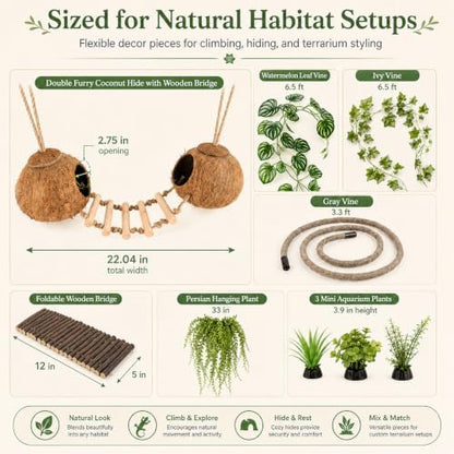 RUNANIA Crested Gecko Tank Accessories, Reptile Hanging Plants Vines with Natural Double Coconut Hideout & Climbing Ladder Decor for Hermit Crab Lizard Leopard Gecko Chameleon Snake Terrarium Decor