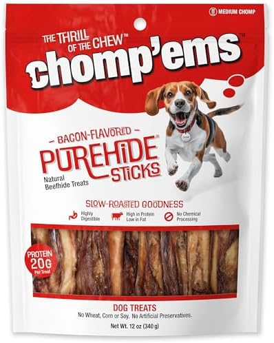 Chomp’ems Bacon Flavored Purehide Sticks, Natural Beefhide Dog Chews, 12 oz