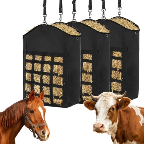 Hay Bags for Horses 3 Pack, Slow Feed Hay Net with 600D Oxford Fabric, Wide Opening Horse Hay Feeder Bag with Adjustable Hanging Strap, for Goats Sheep Donkeys Stable Trailer