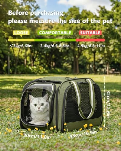 Pecute Cat Carrier,Double Bubble Pet Carrier for Cat Small Dogs,Green,M