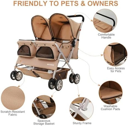 Double Pet Stroller for 2 Small Dogs & Cats, Side-by-Side Twin Travel Carriage with Safety Leashes, Mesh Windows & Double Storage Baskets, Lightweight & Foldable, 44lbs Capacity, Khaki
