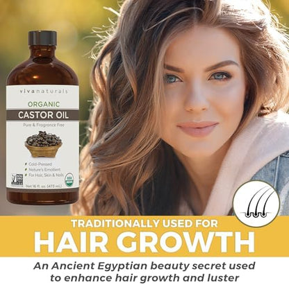 Viva Naturals Organic Castor Oil, Cold-Pressed, 16 fl oz – For Face, Hair, Eyelashes, USDA Organic, Non-GMO - Glass Bottle