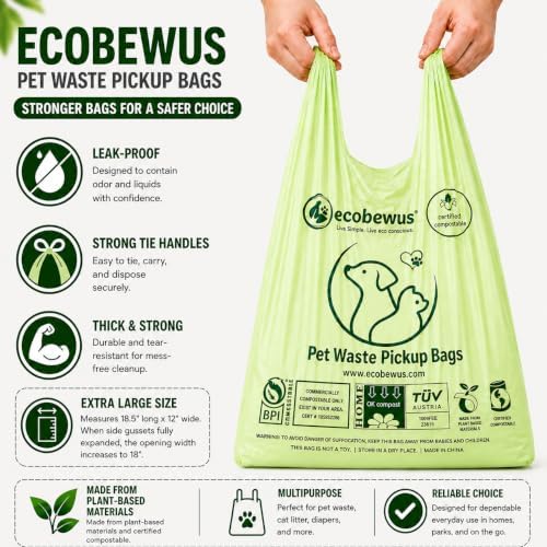 Certified Compostable XL Pet Waste Bag (120 ct.) Plant-Based Cat Litter Bags Cornstarch Doggy Poop Bags with Handles Compost Liners US BPI ASTM D6400 & OK Compost Home Certified (120 ct)