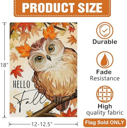 Dyrenson Hello Fall Owl Bird Decorative Garden Flag, Autumn Maple Leaves