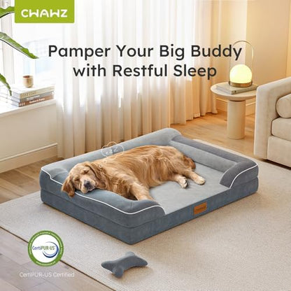 CWAWZ Dog Beds for Large Dogs, Orthopedic Dog Bed with Cooling Gel Memory Foam, Waterproof Large Pet Bed with Removable Washable Cover, 36" Pet Sofa Couch Dutch Velvet with Bone Toy, Dark Gray