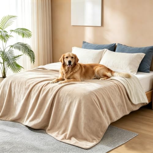 gogobunny Waterproof Blanket for Dogs and Cats, Reversible Flannel Double-Sided Furniture Protector for Couch Sofa Bed Against Spills & Pet Fur (50" x 60", Beige/Cream)