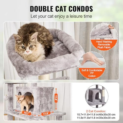 VEVOR Cat Tree for Indoor Cats, 68.5" Cat Tower with 2 Cat Condos, Sisal Scratching Post, Hammock, Top Perch, Jumping Platforms, Large Cat Furniture Activity Center with Hang Ball, Light Grey