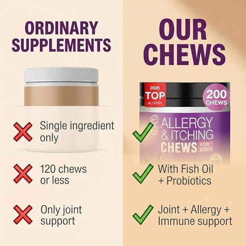 Dog Allergy Relief Chews for Itchy Skin – Anti Itch & Immune Support Supplement for Dogs, with Salmon Oil, Probiotics & Colostrum, Skin & Coat Health, Reduce Paw Licking, 200 Soft Chews