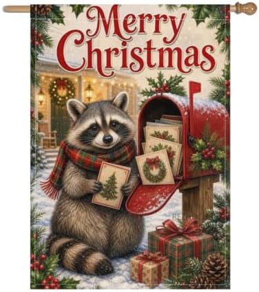Christmas Raccoon House Flag 28x40 Inch Merry Holiday Mailbox Cards Scarf Gifts Snowy Rustic Farmhouse Outdoor Yard Lawn Porch Double Sided Banner Winter Welcome Decor