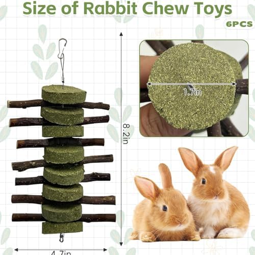 kathson 6 PCS Bunny Chew Toys for Teeth Grinding, Chinchilla Treats Organic Bamboo Sticks Natural Fruitwood Branches for Rabbits Guinea Pigs Hamsters (Fruitwood Sticks+Alfalfa Cakes) (Pack of 2)